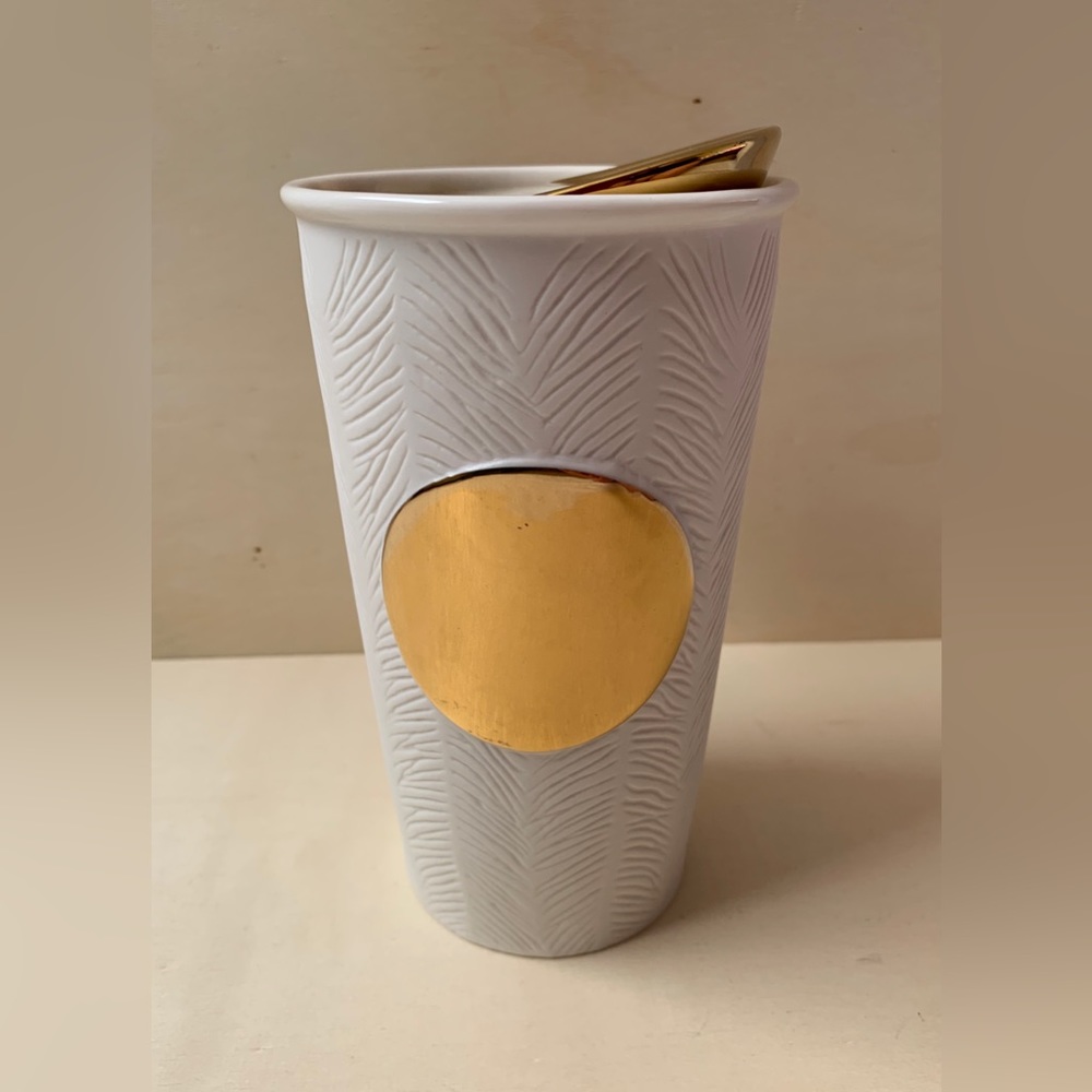 Starbucks 2015 Gold Dot White Textured Ceramic Tumbler Travel Mug 10oz